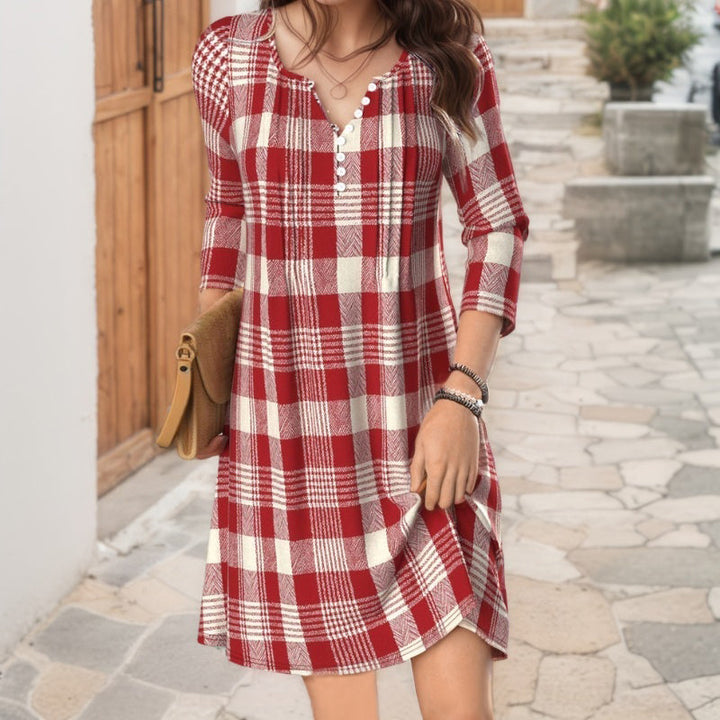 【Pitkähihainen】 Rento Ruudullinen Mekko