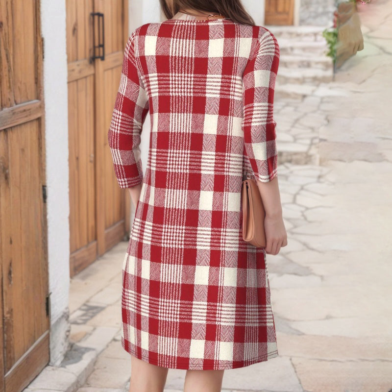 【Pitkähihainen】 Rento Ruudullinen Mekko